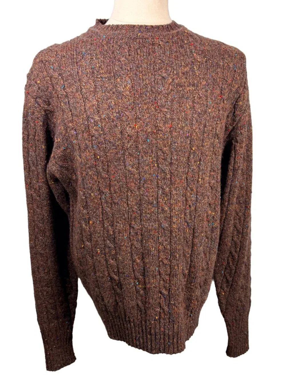 Neil Martin Mens L 100% Wool Cable Knit Sweater Brown Tweed Fleck Crewneck